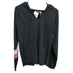 Wildfox NEW Womens Black Hooded Sweatshirt Pink Stripe Sleeve Logo Sz L